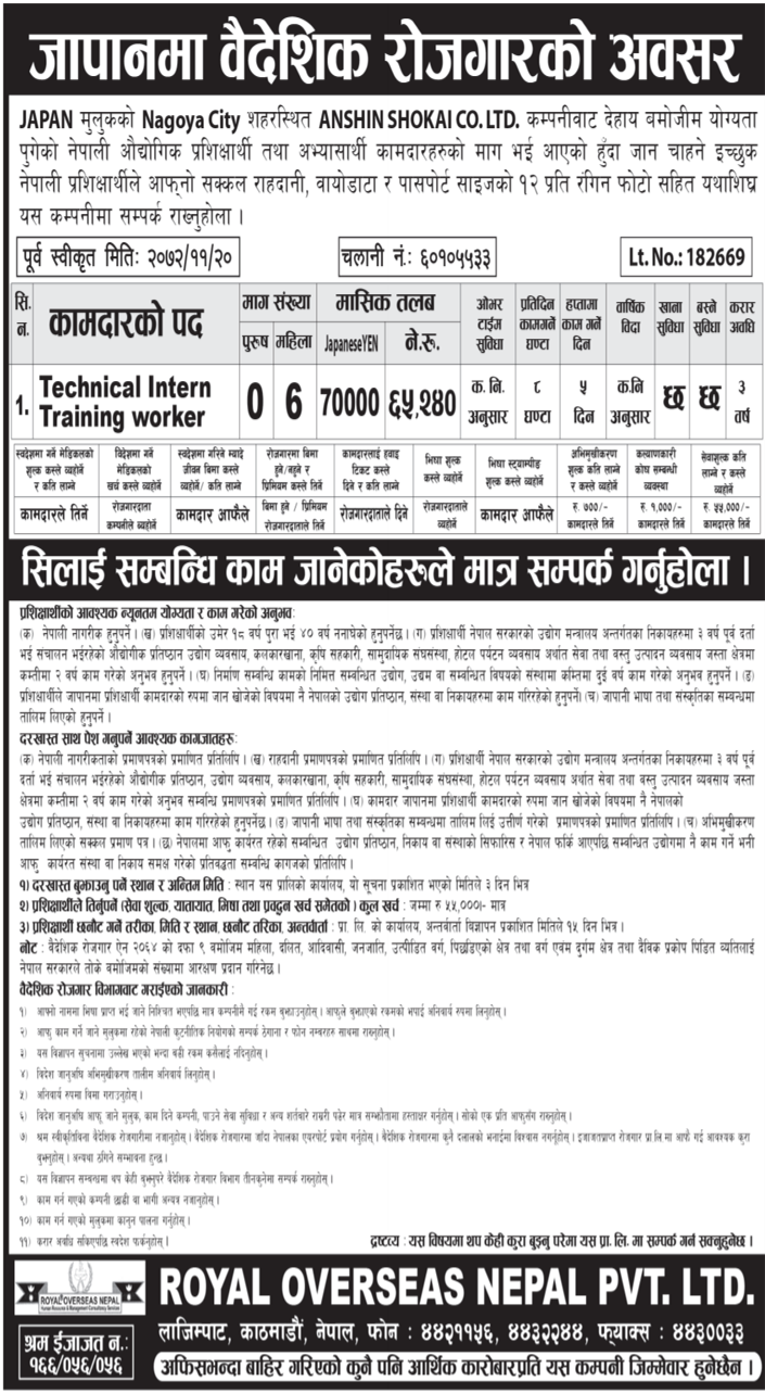 job demand from japan for technical intern training worker