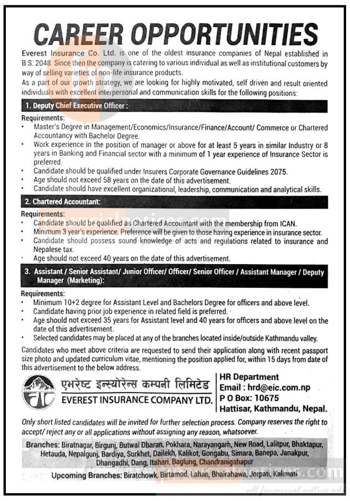 Banking Career in Everest Insurance Co Limited Job