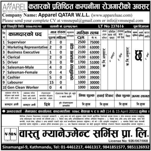 Job Vacancy In Apparel Qatar W.L.L,Job Demand From Qatar,Job Vacancy