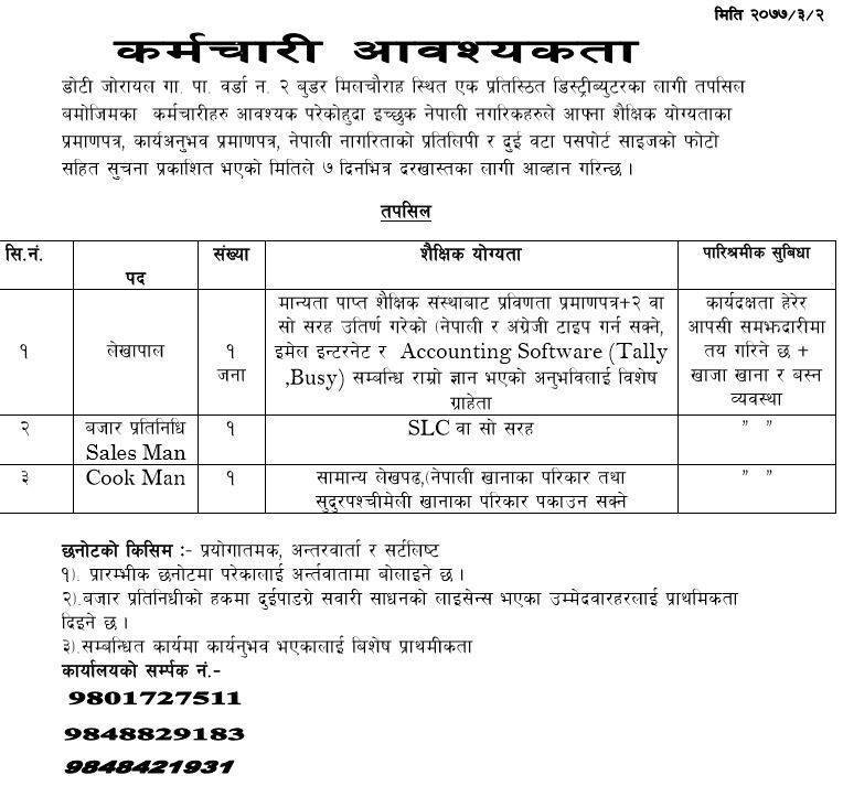 Job Vacancy In ,A Reputed Distributor CompanyJob Vacancy For Accountant